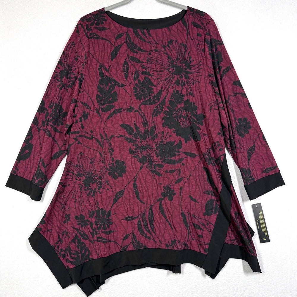 IC by Connie K Top Womens XL Floral Stretch Asymmetric Hem Tunic Burgundy NWT